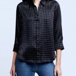 Hot Sale 😀 L'Agence 👩 women Dani Silk Blouse in Black/Ecru ⭐