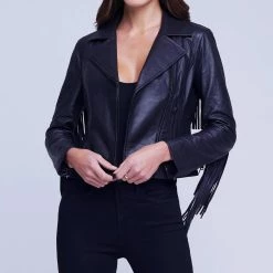 Best deal 🎉 L'Agence 👩 women Kravitz Fringe Leather Jacket in Black 🔔