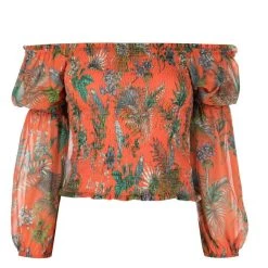 Top 10 🔥 L'Agence 👩 women Cece Smocked Off Shoulder Top in Orange Multi Parrot 😉