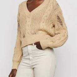Hot Sale 🛒 Bailey 44 👩 women Ophelia Vneck Distressed Sweater in Sand 🌟